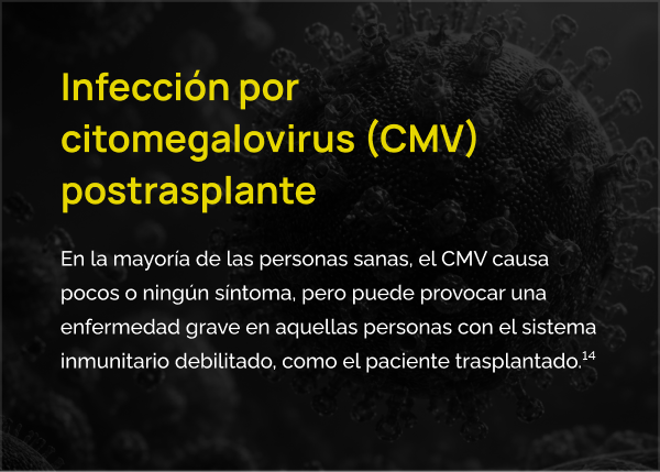 Infección por citomegalovirus (CMV) postrasplante. En la mayoría de las personas sanas, el CMV causa pocos o ningún síntoma, pero puede provocar una enfermedad grave en aquellas personas con el sistema inmunitario debilitado, como el paciente trasplantado. Referencia 14.